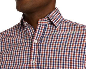 Close-up of a person wearing a green and blue checkered shirt on a white background