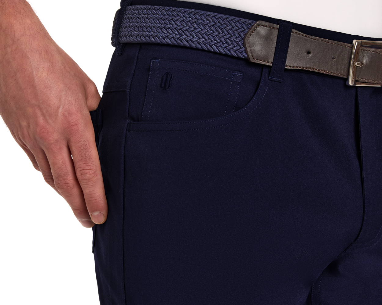 Close up view of man wearing Holderness & Bourne Men’s Navy Pants with belt