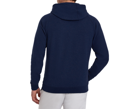 The Lawson Hoodie: Heathered Atlantic, ultra-soft, hood-down design, worn by a person from behind, paired with light pants, on a plain backdrop.