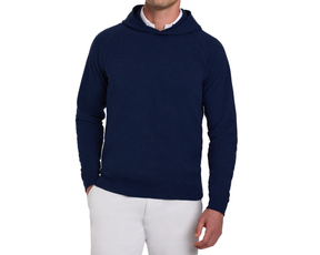 The Lawson Hoodie: Heathered Atlantic, shown on a man, offers comfort with its ultra-soft fabric and minimal design, ideal for versatile, casual wear.