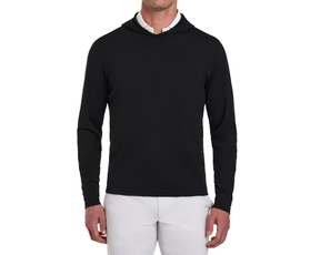 The Jackson Hoodie: Black, slim-fit, long-sleeve, worn over a white collared shirt, ideal for golf with its sleek, drawstring-free design.