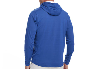 Back shot of Holderness and Bourne mens blue hoodie modeled on man's torso.