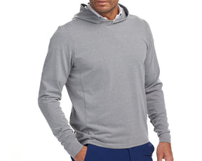 Front shot of Holderness and Bourne gray pullover hoodie modeled on man's torso.