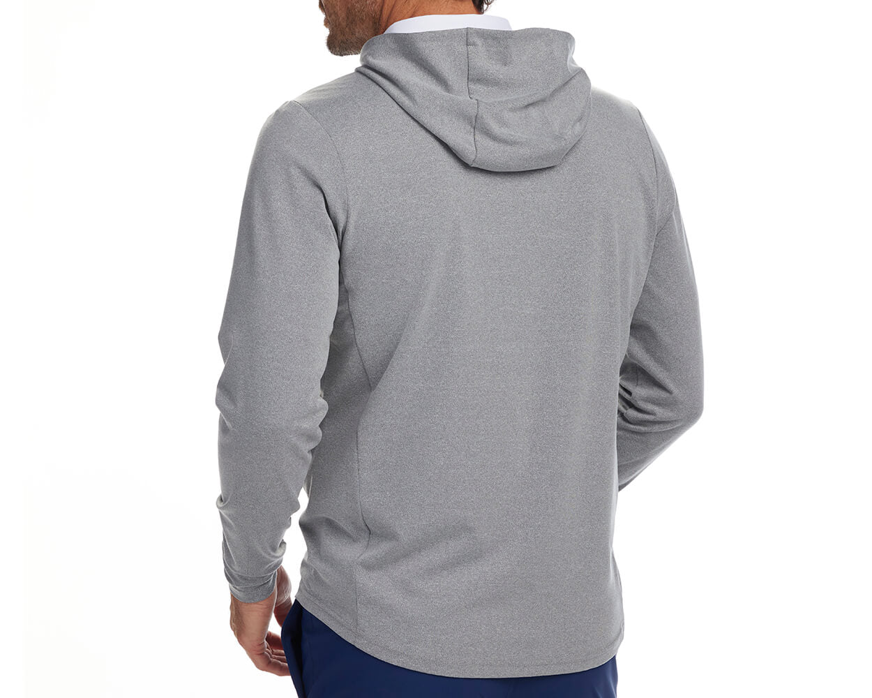 Back shot of Holderness and Bourne gray pull over hoodie modeled on man's torso.