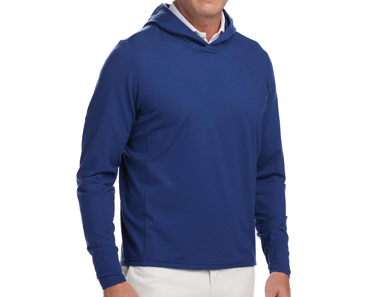 Front shot of Holderness and Bourne navy blue hoodies modeled on man's torso. 