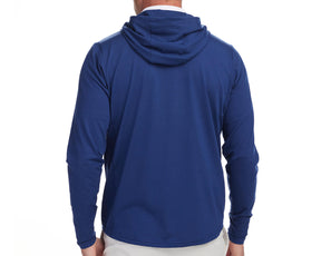 Back shot of Holderness and Bourne navy hoodies modeled on man's torso. 