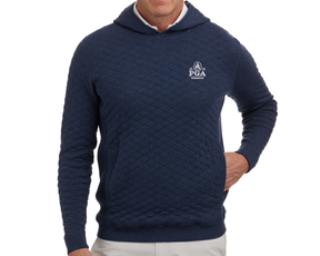 2026 PGA Championship Wallace Sweater: Heathered Navy, features a quilted hoodie with diamond-stitch texture, kangaroo pocket, and embroidered logo on the chest.