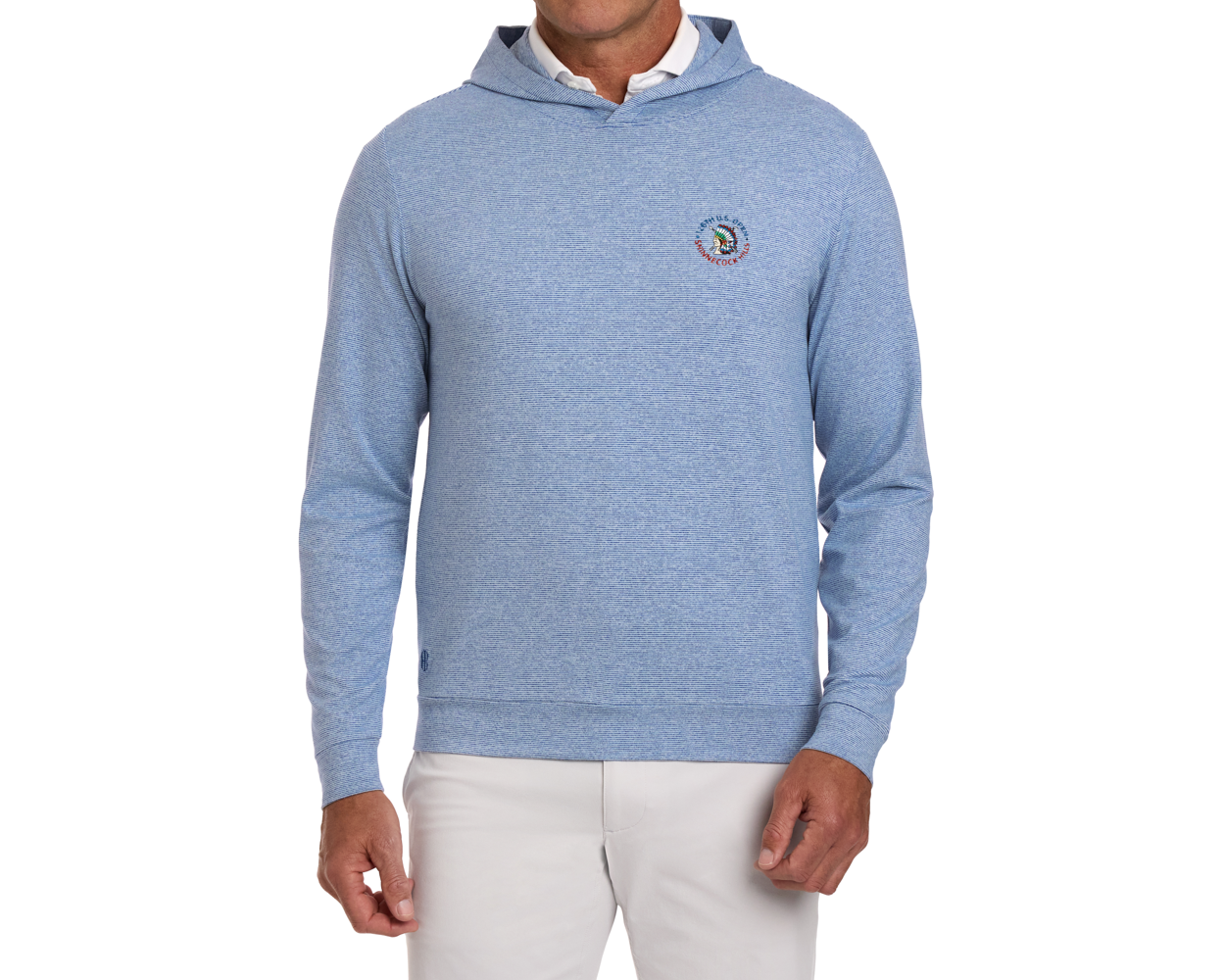 2026 U.S. Open Hamilton Pullover: Heathered Maidstone Blue & White, featuring a round embroidered logo, long sleeves, and a subtle stripe pattern for comfort and versatility.