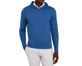 The Stowe Hoodie in Heathered Maidstone Blue features a lightweight, long-sleeve design with a hood, offering ultra-soft comfort and a relaxed fit.