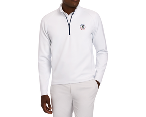 Male model wearing 2026 U.S. Open Rodgers Pullover: White, featuring a quarter-zip design and event logo on chest, paired with light pants.