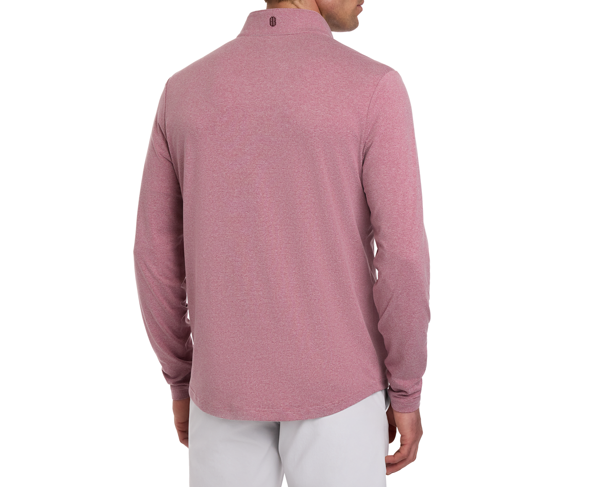 Back view of a man wearing The Royce Quarter-Zip: Heathered Cabernet, showcasing its lightweight fit, small logo on collar, and flat-sewn cuffs.