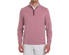 The Royce Quarter-Zip: Heathered Cabernet, featuring a red-and-white micro-striped knit, layered over a white shirt with gray trousers.