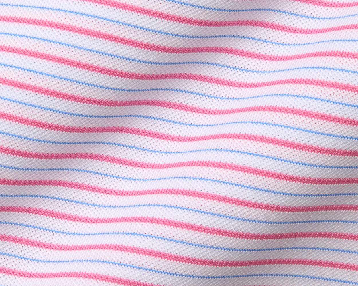 The Granville Shirt: Belmont & Horizon Blue features a fine knit with pink/red and light blue stripes, offering breathability and structured collar design.