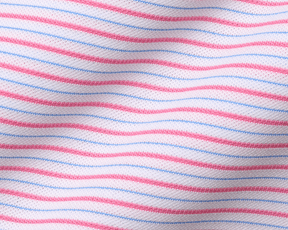 The Granville Shirt: Belmont & Horizon Blue features a fine knit with pink/red and light blue stripes, offering breathability and structured collar design.