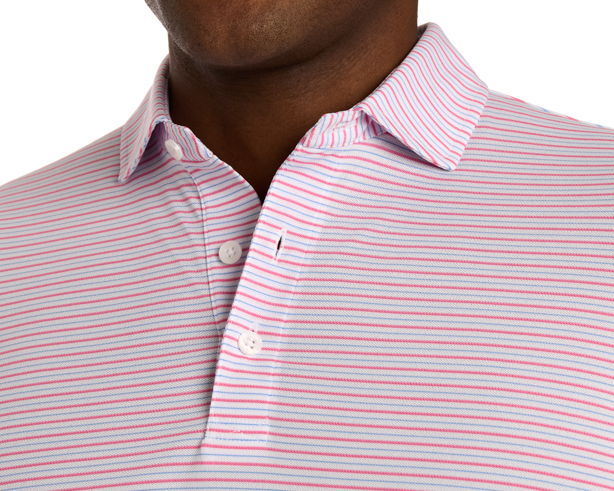 The Granville Shirt: Belmont & Horizon Blue features fine pink and blue stripes on white with a spread collar and white buttons, offering breathability and UPF 30+ protection.