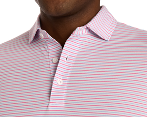 The Granville Shirt: Belmont & Horizon Blue features fine pink and blue stripes on white with a spread collar and white buttons, offering breathability and UPF 30+ protection.