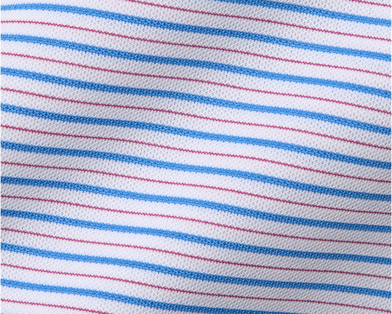 The Granville Shirt features soft, breathable performance pique with horizon blue and cabernet stripes on white, offering four-way stretch and UPF 30+ protection.
