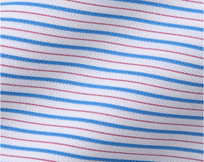 The Granville Shirt features soft, breathable performance pique with horizon blue and cabernet stripes on white, offering four-way stretch and UPF 30+ protection.