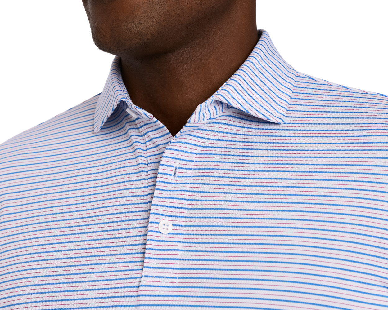 The Granville Shirt: Horizon Blue & Cabernet, featuring a collared design with blue and pink stripes, offers breathability, moisture wicking, and UPF 30+ protection.