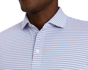 The Granville Shirt: Horizon Blue & Cabernet, featuring a collared design with blue and pink stripes, offers breathability, moisture wicking, and UPF 30+ protection.