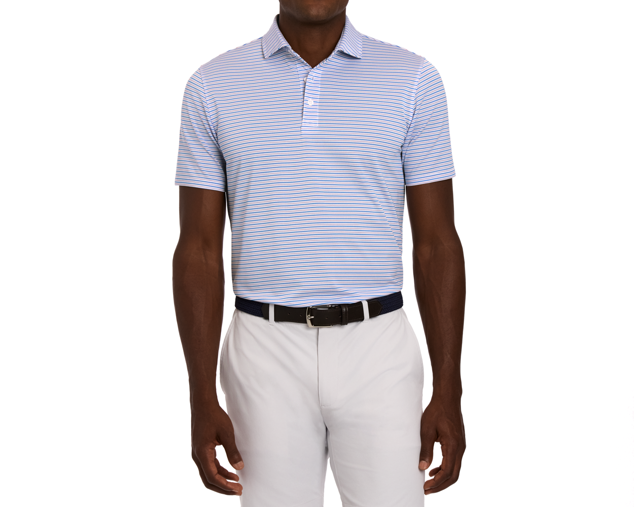 The Granville Shirt: Horizon Blue & Cabernet, features fine horizontal stripes, short sleeves, and a structured spread collar, paired with light trousers and a dark belt.
