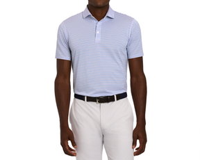 The Granville Shirt: Horizon Blue & Cabernet, features fine horizontal stripes, short sleeves, and a structured spread collar, paired with light trousers and a dark belt.