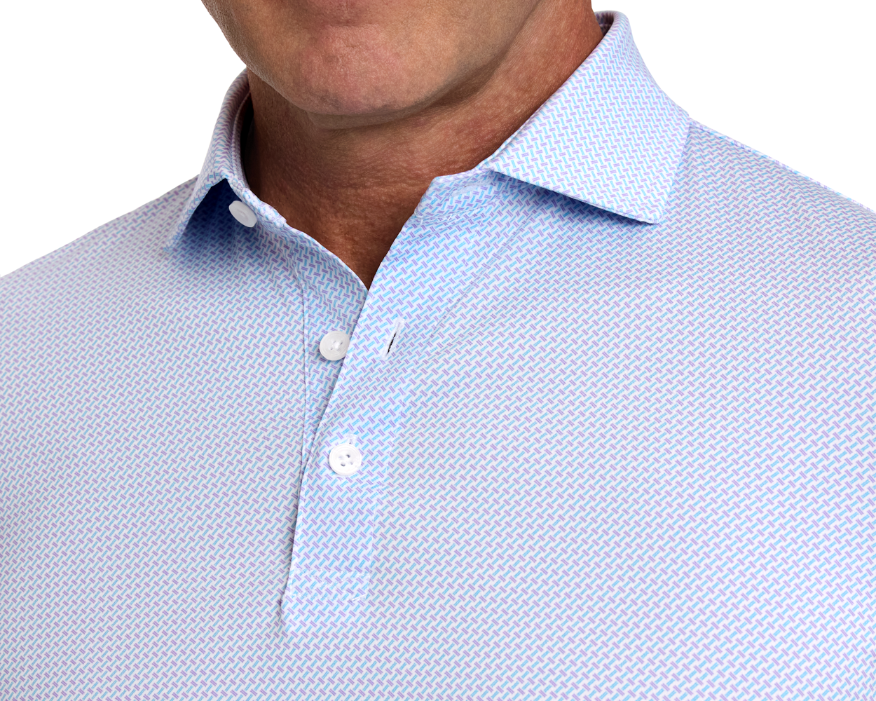 The Norman Shirt: Vista Blue & Tudor, featuring a light-colored button-up with a geometric print and classic spread collar, ideal for comfort and style on the golf course.