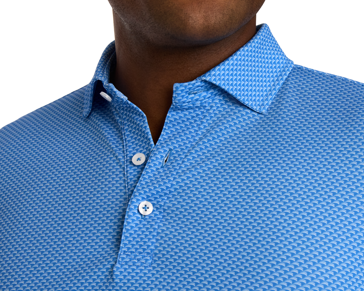 The Eaton Shirt: Horizon Blue with a textured wave pattern and white buttons, featuring a structured collar and designed for moisture wicking and sun protection.