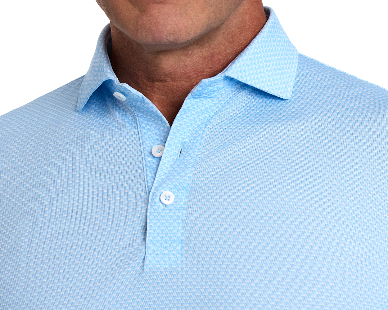 Close-up of The Eaton Shirt: Vista Blue, showcasing its textured fabric, structured spread collar, and fastened buttons, designed for moisture wicking and UPF 30+ protection.