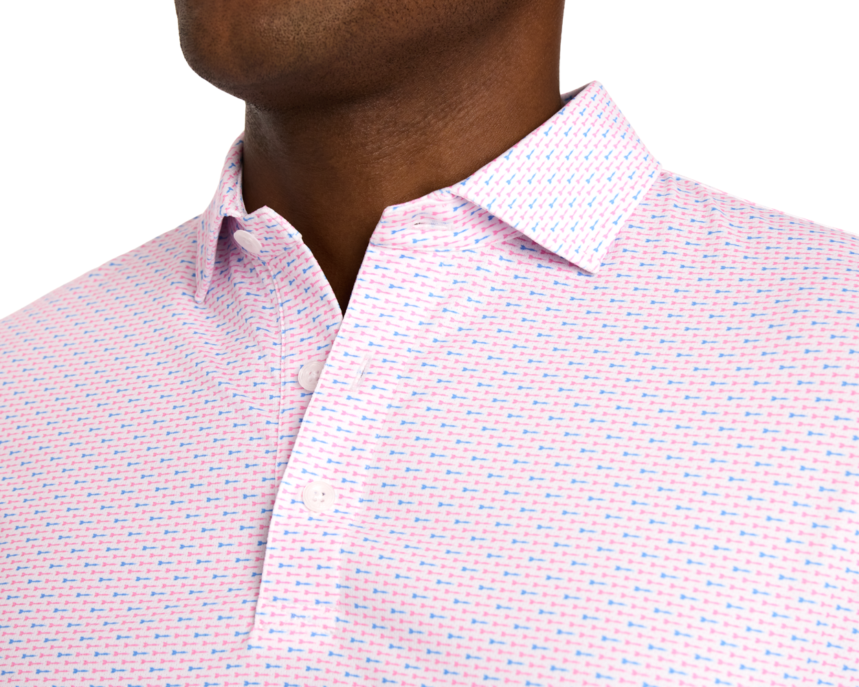The Cadogan Shirt: Belmont & Horizon Blue, featuring a light pink base and micro-print, showcases breathable AIRATION® fabric, micro perforations, and a structured spread collar.