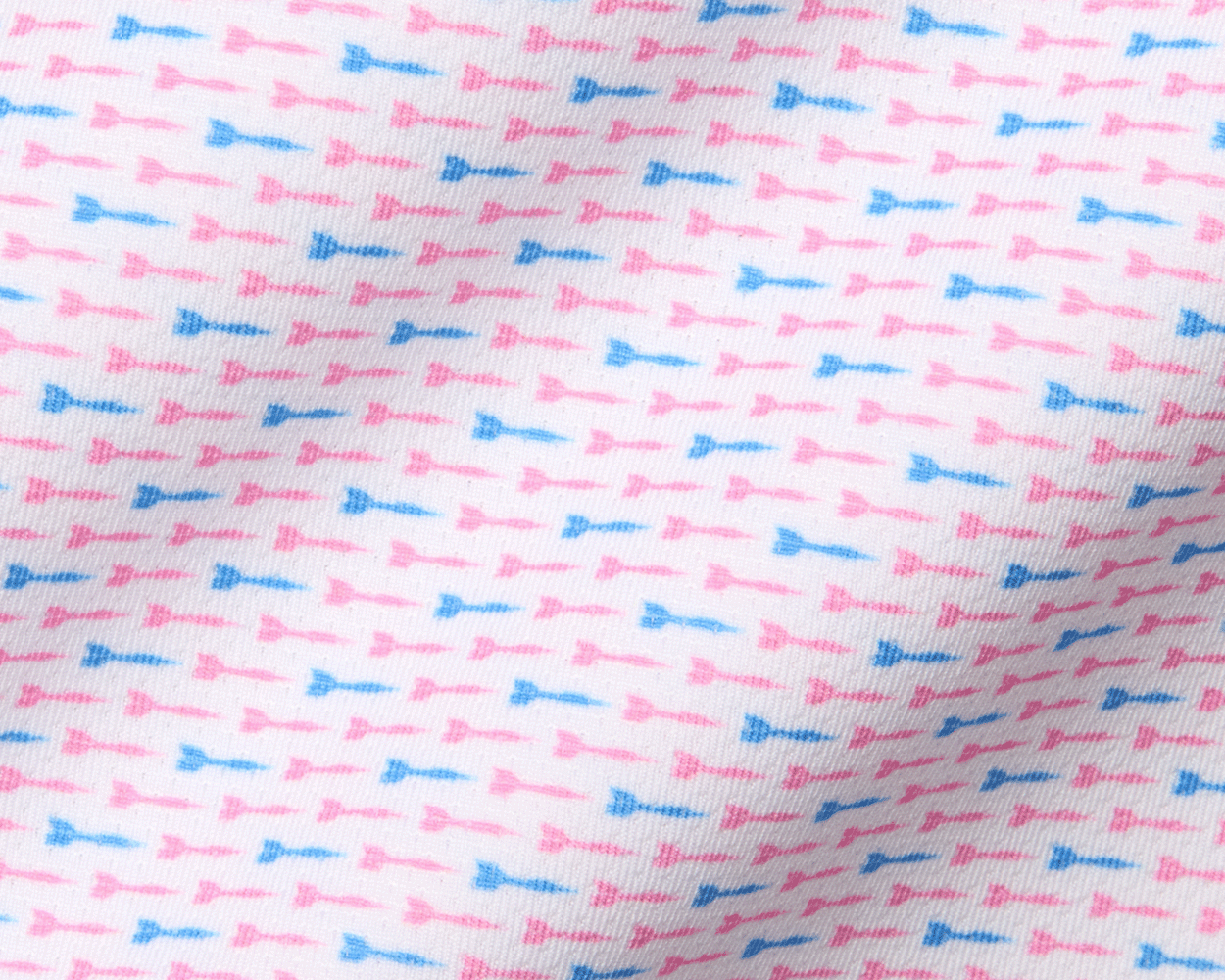 The Cadogan Shirt: Belmont & Horizon Blue, features a white knit fabric with pink and blue motifs, highlighting its breathable, moisture-wicking AIRATION® fabric and structured collar.