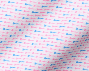 The Cadogan Shirt: Belmont & Horizon Blue, features a white knit fabric with pink and blue motifs, highlighting its breathable, moisture-wicking AIRATION® fabric and structured collar.