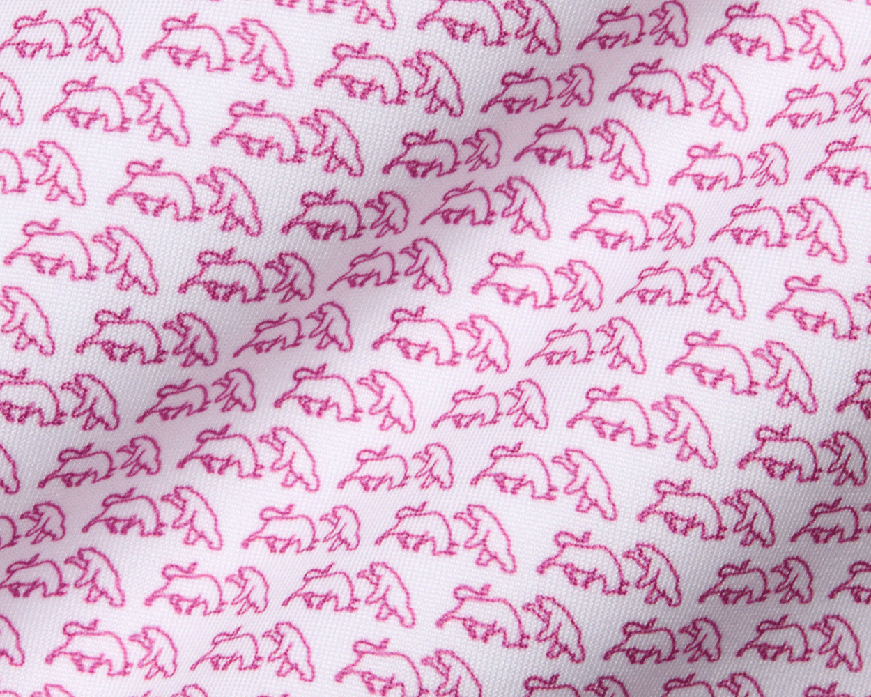 The Berkeley Shirt: Cabernet features a white woven fabric with a pink bull-and-bear pattern, offering four-way stretch, moisture wicking, and UPF 50+ protection.
