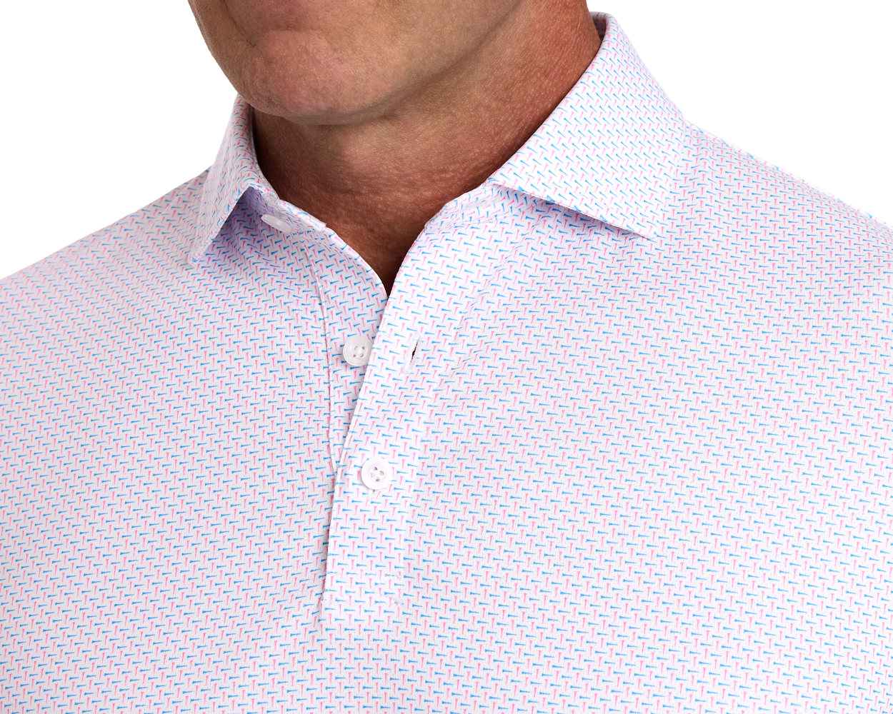 The Cromwell Shirt: Belmont & Horizon Blue, featuring a geometric pattern, white buttons, and a structured collar, designed with breathable AIRATION® fabric for cool comfort.
