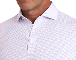 The Cromwell Shirt: Belmont & Horizon Blue, featuring a geometric pattern, white buttons, and a structured collar, designed with breathable AIRATION® fabric for cool comfort.
