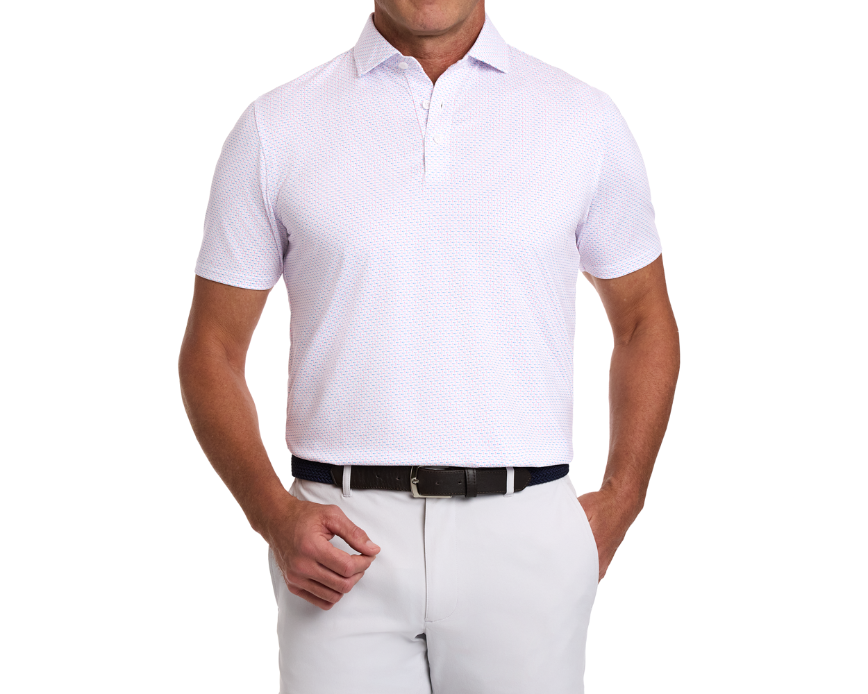 Man wearing The Cromwell Shirt: Belmont & Horizon Blue, showcasing short sleeves, a crisp look, and a structured collar, tucked into trousers with a dark belt.