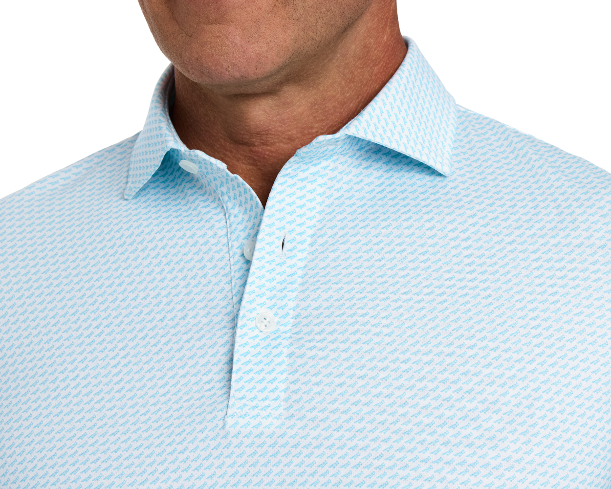The Walton Shirt: Harbor, showcasing a light-blue polo with a subtle micro-pattern, fold-over collar, and airy AIRATION® fabric for comfort and breathability.