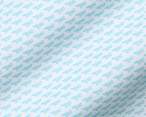 The Walton Shirt: Harbor features a light-blue whale motif on white fabric, showcasing a structured spread collar and AIRATION® fabric for breathability and sun protection.