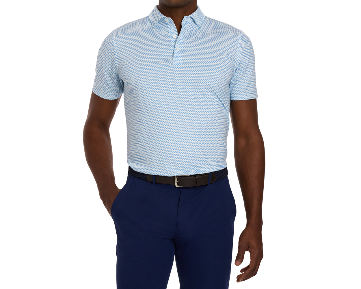 Man wearing The Walton Shirt: Maidstone Blue, light-blue polo with geometric print, tucked into navy trousers. Features breathable AIRATION® fabric and structured spread collar.