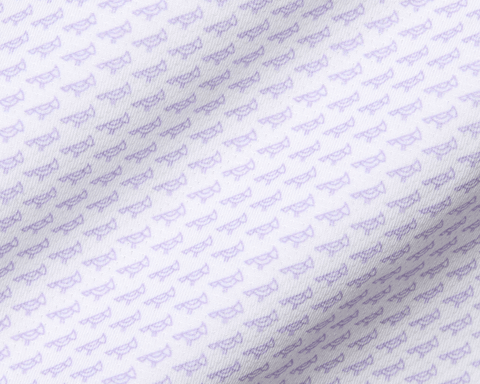 The Walton Shirt: Tudor features a white fabric with pale-purple eyeglass icons, offering breathability and sun protection with its AIRATION® performance material.