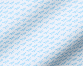 The Walton Shirt: Vista Blue features a white fabric with light-blue eyeglass frame motifs, showcasing AIRATION® fabric's texture and breathability for comfort and sun protection.