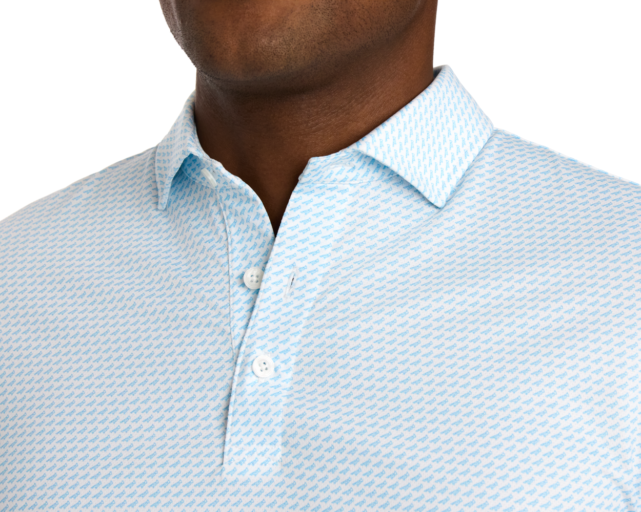 The Walton Shirt: Vista Blue, featuring a light-colored polo with a blue motif, pointed collar, and three buttons, made from breathable, moisture-wicking AIRATION® fabric.