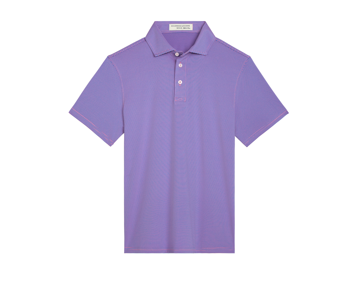 The Perkins Boys Shirt: Horizon Blue & Belmont features a short-sleeve polo with fine horizontal stripes, three-button placket, and structured spread collar.