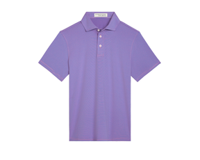 The Perkins Boys Shirt: Horizon Blue & Belmont features a short-sleeve polo with fine horizontal stripes, three-button placket, and structured spread collar.
