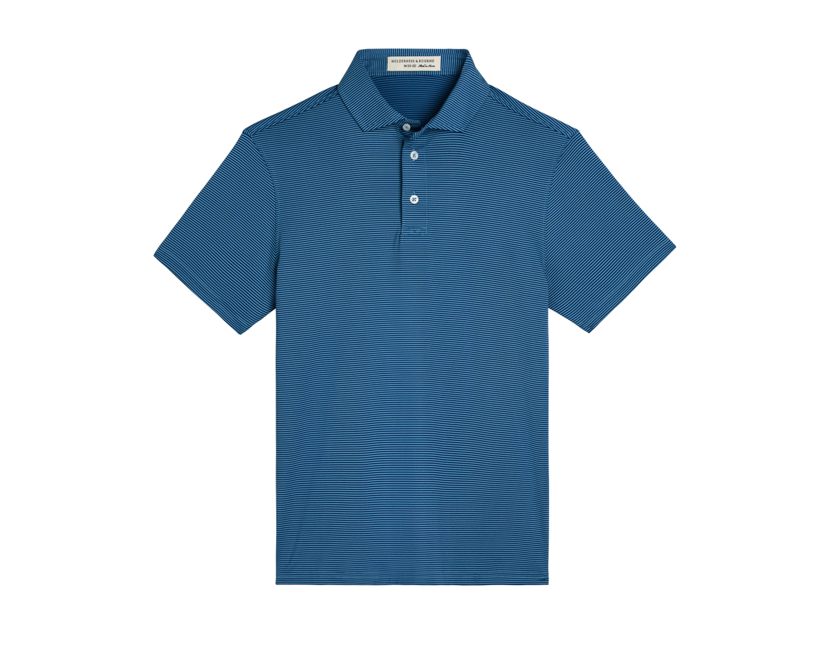 The Perkins Boys Shirt: Maidstone Blue & Harbor features a short-sleeve polo design with a classic collar, three-button placket, and subtle horizontal stripes.