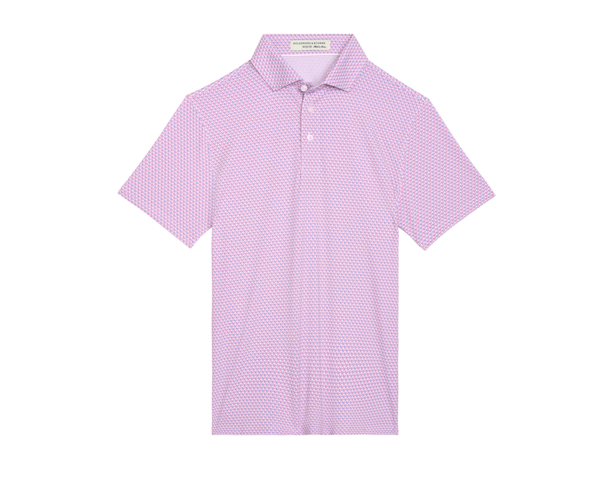 The Justice Boys Shirt features a pale pink polo with a geometric eagle motif, classic collar, three-button placket, and performance fabric.