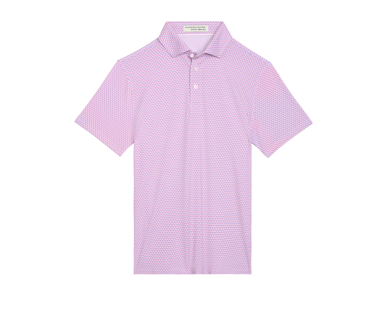 The Justice Boys Shirt features a pale pink polo with a geometric eagle motif, classic collar, three-button placket, and performance fabric.