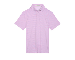 The Justice Boys Shirt features a pale pink polo with a geometric eagle motif, classic collar, three-button placket, and performance fabric.