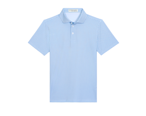 The Justice Boys Shirt: Harbor & Maidstone Blue features a light blue polo with a geometric eagle pattern, fold-over collar, and three-button placket.