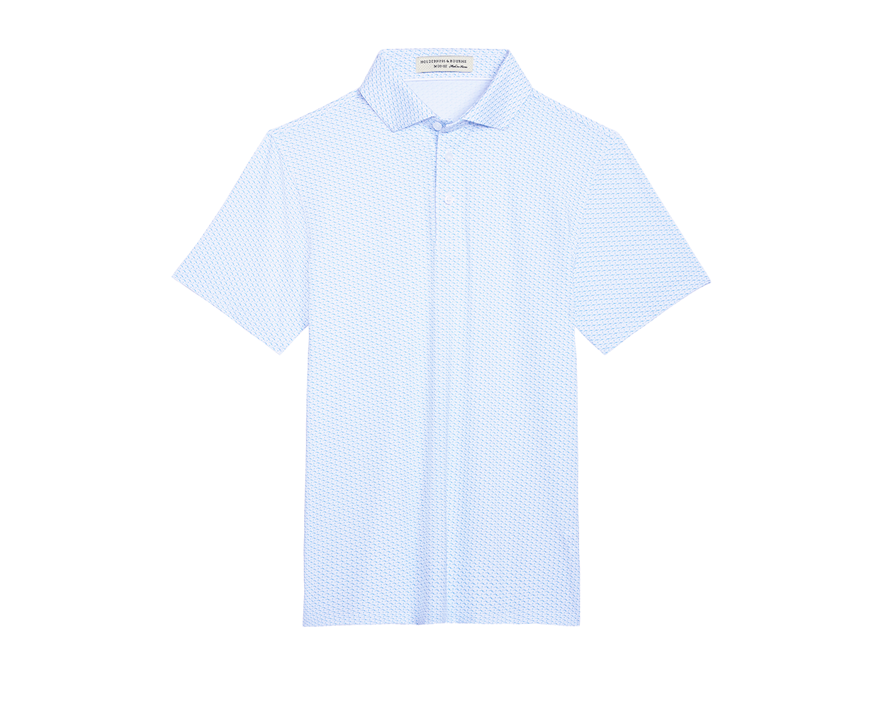 The Atwood Boys Shirt: Harbor, a light-blue polo with a subtle micro-pattern, features a classic collar, three-button placket, and performance fabric for active comfort.